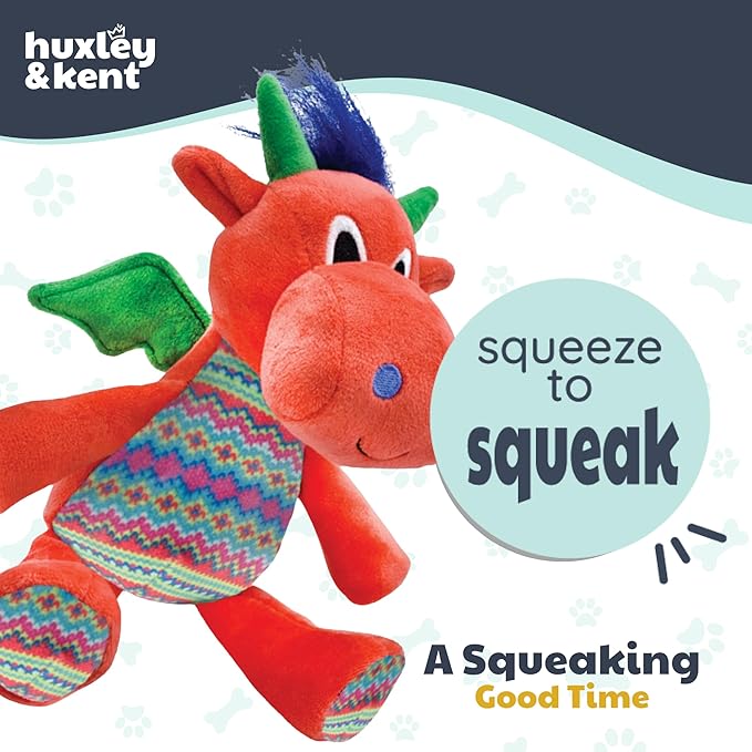 Huxley & Kent Funny Dog Toy w/Squeaker – Holiday Power Plush Squeaky Dog Toys for Small, Medium & Large Dogs – Soft Stuffed Animal for Indoor Play & Fetch - Fireball Dragon, Small