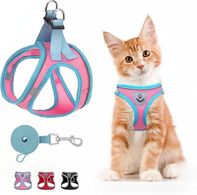SCENEREAL Cat Harness and Leash Set Escape Proof, Adjustable Soft Air Mesh Kitten Harnesses for Girls Boys Small Medium Big Cats, Reflective Light Travel Pet Walking Vest for Puppy Rabbit, Pink M
