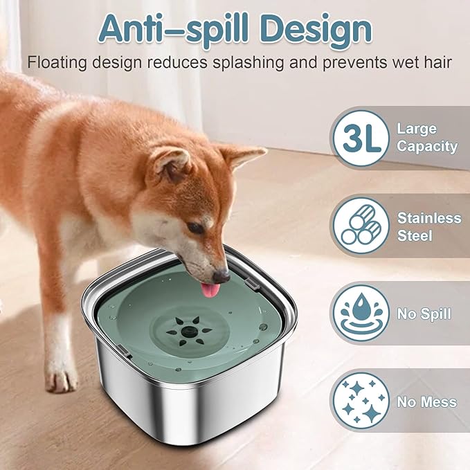 UPSKY 3L Dog Water Bowl 101oz Stainless Steel Dog Bowl No Spill Large Capacity Dog Food Water Bowl Slow Water Feeder, Spill Proof Pet Water Dispenser Vehicle Carried Travel Water Bowl