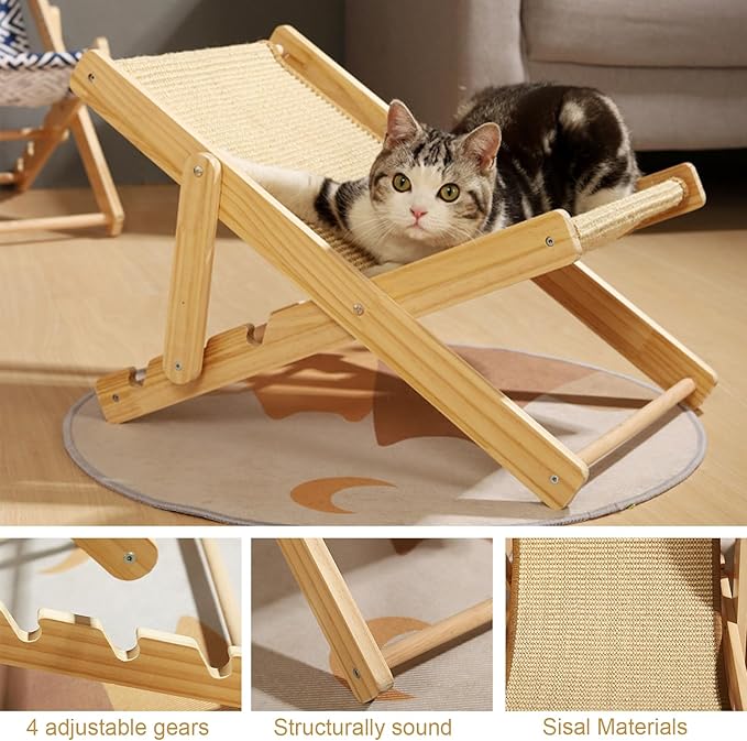 HUATOL Cat Sisal Chair, Adjustable Elevated Cat Chair Bed, Relaxation Cat Bed with Durable and Non-Shedding Sisal Scratcher, Wood Elevated Cat Beds for Outdoor Indoor Cats Lounge Bed.