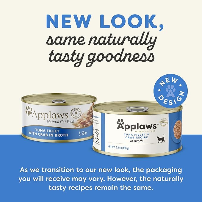 Applaws Natural Wet Canned Cat Food, Limited Ingredient, Protein with No Artificial Additives, Tuna Fillet & Crab in Broth (24 x 5.5oz Cans)