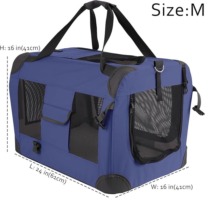 Pet Carrier for Cats and Dogs up to 25 lbs, Soft-Sided Collapsible Travel Crate, 24" L x 16" W x 16" H - Includes Removable Plush Blanket & Travel Bowl for Vet, Car, Home Use