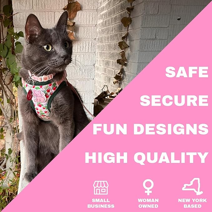 Travel Cat Strawberry Shortcake Harness & Leash Set - Adjustable Fit Mesh Cat Harness with Reflective Strap - Harness for Cats, Kittens for Outdoor (Strawberry Shortcake, Large)