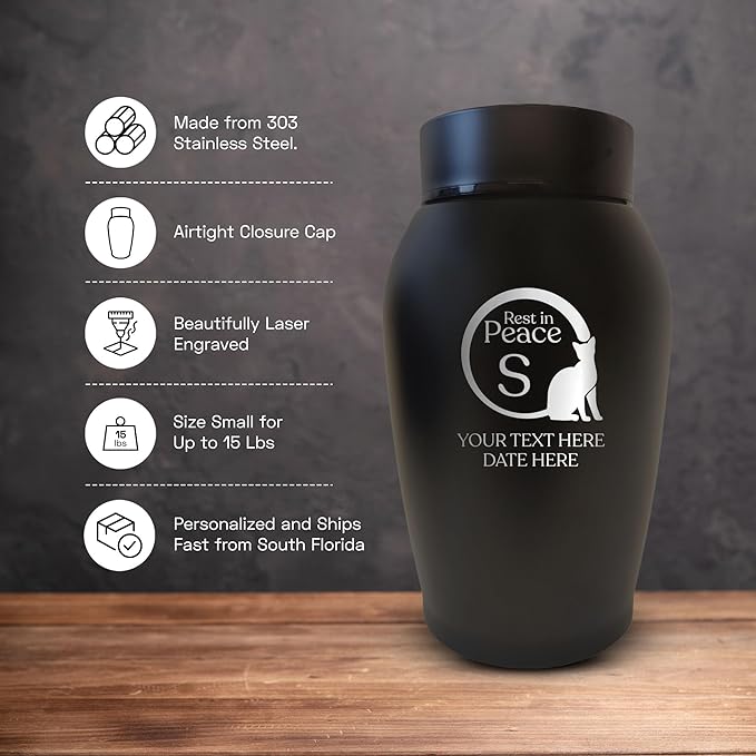 Personalized Custom Small Keepsake Urn Engraved with Pet Name, Date and Cat Design - 5.2" Black Powder Coated Steel Cremation Urn for Cat Ashes - Airtight Closure | 12-16 lb Capacity, RIP - Cat Tail