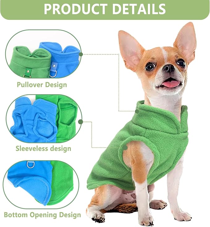 2 Pieces Fleece Dog Sweater Vest Winter Warm Dog Sweaters for Small Dogs Male Female Fall Pullover Doggie Clothes with D-Ring Soft Puppy Cold Weather Coat Clothing (Blue,Green, Medium)