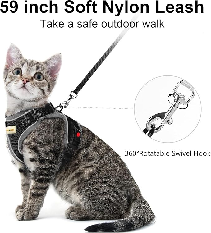 Cat Harness and Leash for Walking, Retractable Cat Harnesses and Leash Set Escape Proof, Breathable Soft Kitten Small Large Harness for Travel Training and Walking, Black, XXS