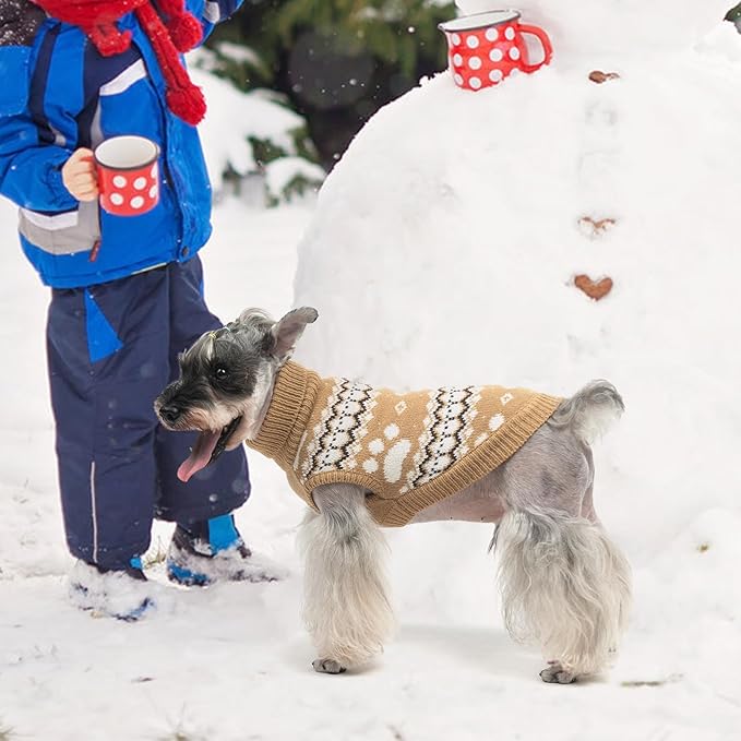 KOOLTAIL Cable Knit Dog Sweater Turtleneck, Cold Weather Pullover Classic Knitwear, Cute Paws Pattern Thick Warm Winter Pet Clothes, Dog Christmas Sweater for Small Medium Large Dogs Cats,Khaki SM