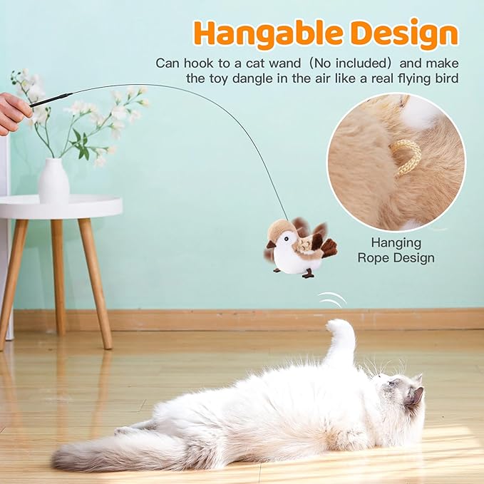 Rechargeable Cat Toys Flapping Bird，Touch-Activated Interactive Toy with Lifelike Chirp for Indoor Cats & Kittens Exercise （Sparrow）