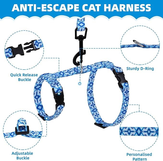 PAWCHIE Cat Harness and Leash Set, Cats Escape Proof-Adjustable Kitten Harness Lightweight Soft Outdoor Walking Travel Pet Safe Harness, Puppy Harness for Girl Cats Bunny Rabbit Small Dog, Blue M