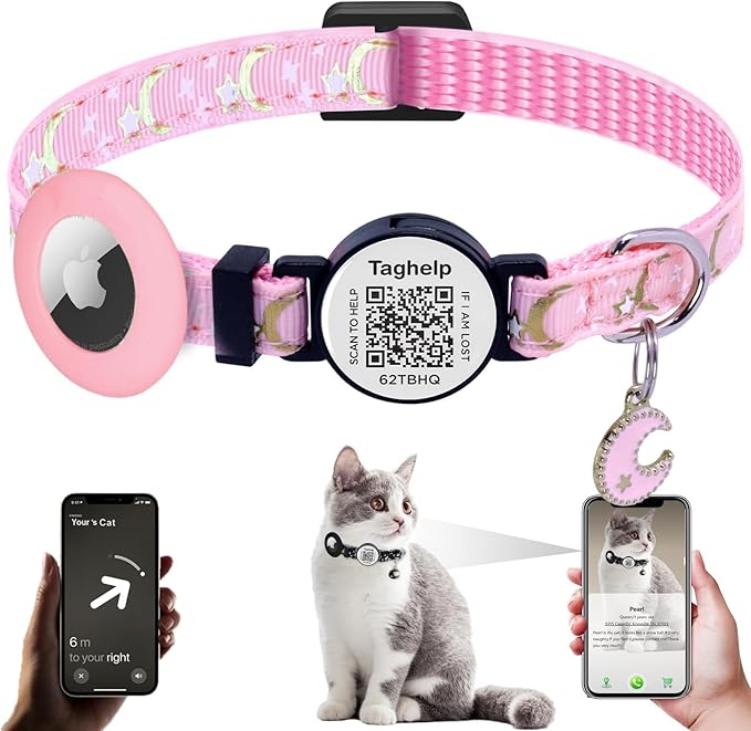 Stars and Moon AirTag Collar with AirTag Holder & Bell,Air Tag Cat Collar for Apple. Solid & Safe, Pet Collar, Breakaway Cat Collar,Smart QR Code Cat ID Tags - Pet Online Profile(Pink)