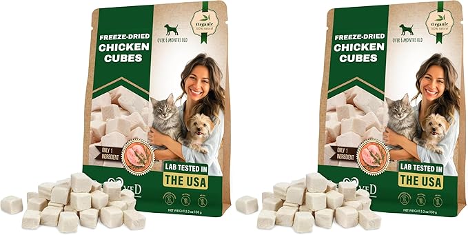 Beloved Pets Dog & Cat Treats Freeze Dried Chicken Cubes 5.3 oz - All Natural Meat Raw Pet Food - Human Grade High-Protein Snacks & Grain-Free Jerky Chews for Cats and Small Dogs (Pack of 2)