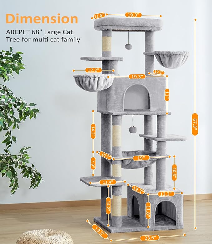 Cat Tree Large Cat Tower Tree 68" Multi-Level Cat Tower for Indoor Cats with Sisal Scratching Posts, Widen Cat Perche, Square Hammock, 2 Widen Condos, Scratching Posts, Light Grey