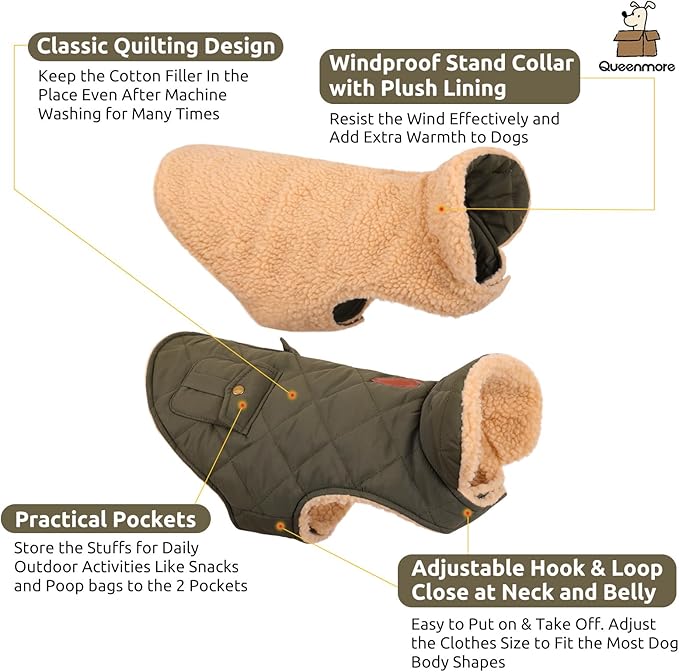 Queenmore Warm Coat for Cold Weather, Quilting Winter Jacket With Ultra Thick Plush Lining and Storage Pockets (Green, X-Large)