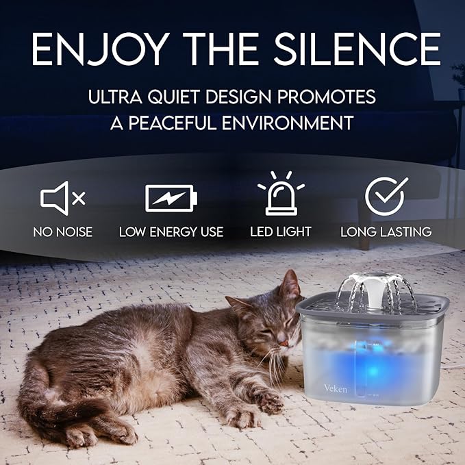 Veken Innovation Award Winner 95oz/2.8L Pet Fountain, Automatic Cat Water Fountain Dog Water Dispenser with Replacement Filters for Cats, Dogs, Multiple Pets (Transparent Grey, Plastic)