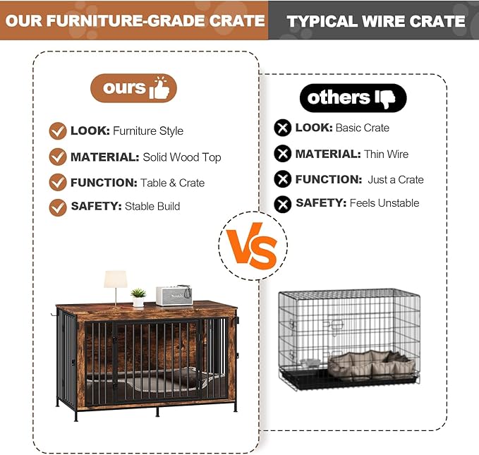 XL Dog Crate Furniture 48'' | Extra Large Heavy Duty Anti-Chew Dog Kennel | Rustic Wooden Cage End Table with 350LB Top Capacity | Escape Proof Double Door Pet House TV Stands
