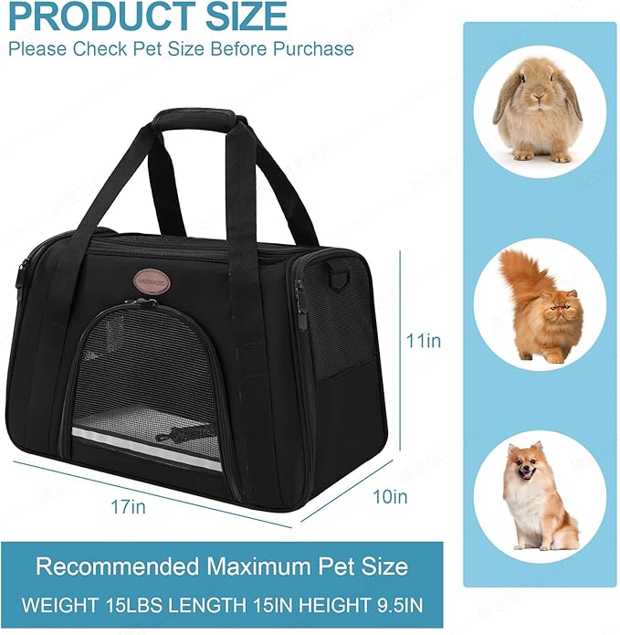 Cat Carrier Dog Carrier Pet Carriers for Medium Small Cats Dogs Puppies up to 15 Lbs,TSA Airline Approved Small Dog Cat Carriers Soft Sided,Collapsible Travel Puppy Carrier (Black, Medium)