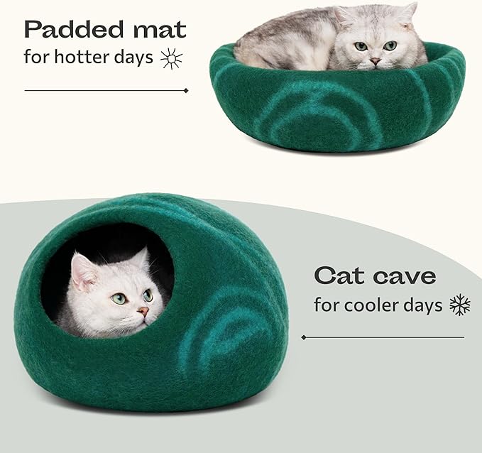 MEOWFIA Cat Cave – Premium Felt Cat Bed for Indoor Cats, Handmade 100% Merino Wool (Dark Shades) (Medium, Emerald)