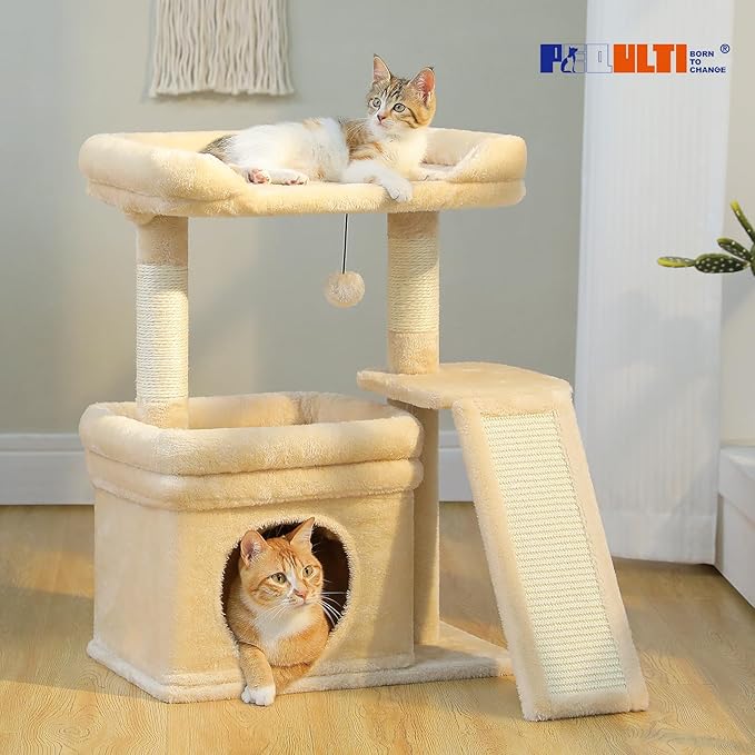 PEQULTI Small Cat Tree Tower for Large Adult Cats with Wide Top Perch, Private Cat Condo and Sisal Scratching Post&Pad for Indoor Cats, Beige