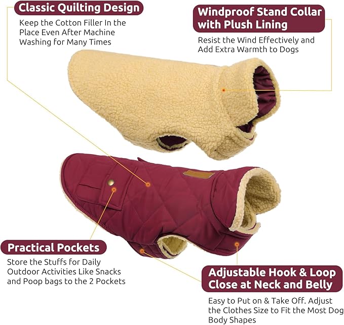 Queenmore Dog Winter Coat Warm Puffer Jacket Waterproof Plush Lining Thermal Cold Weather Vest for Small Medium Large Dogs, Windproof Easy On Pet Jacket Burgundy XS