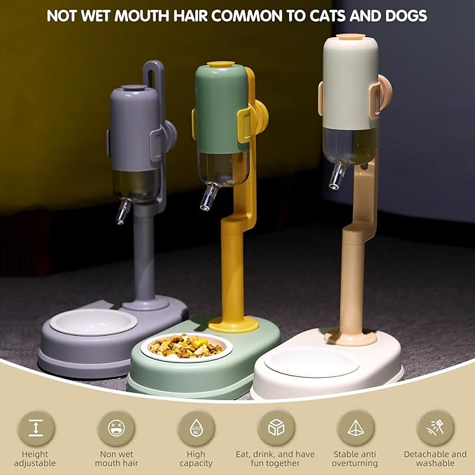 Pet Standing Water Dispenser Cat Dog Standing Ceramic Bowl Automatically Feeding Water Height Adjustable Detachable Pole (White-Pink, Large)