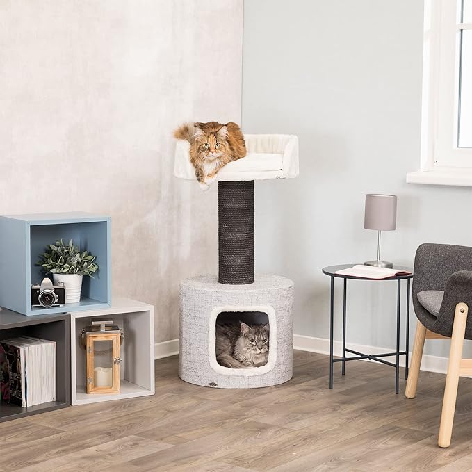 TRIXIE Fonda Cat Scratching Post 39 Inch - Cat Scratcher with Soft Fabric Covering Base and Durable Sisal Rope - for Large Cats with Condo Base and Platform - in Gray