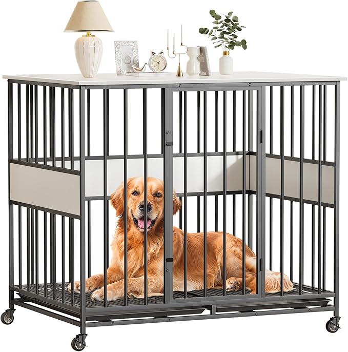 Dog Crate Furniture for Large Dogs, 42 Inch Indoor Large Kennel, Wooden Pet Cage Decorative Corner End Table with Caster Wheels & Double Removable Tray, White