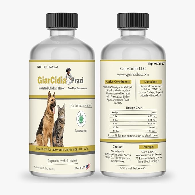 Say Good Bye to Tapeworms in Dogs and Cats with GiarCidia Prazi for 60 MLS Liquid - Include 3 ml Dropper with Cap