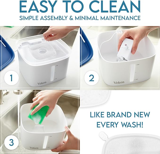 Veken Innovation Award Winner 95oz/2.8L Pet Fountain, Automatic Cat Water Fountain Dog Water Dispenser with Replacement Filters for Cats, Dogs, Multiple Pets (Blue, Plastic)