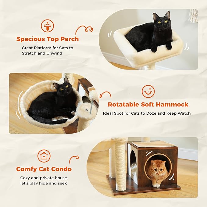 PEQULTI Modern Cat Tree for Indoor Cats,Multilevel Play House Cat Tower with Cat Condo, Scratching Post, Cozy Hammock and Plush Pompom, Brown