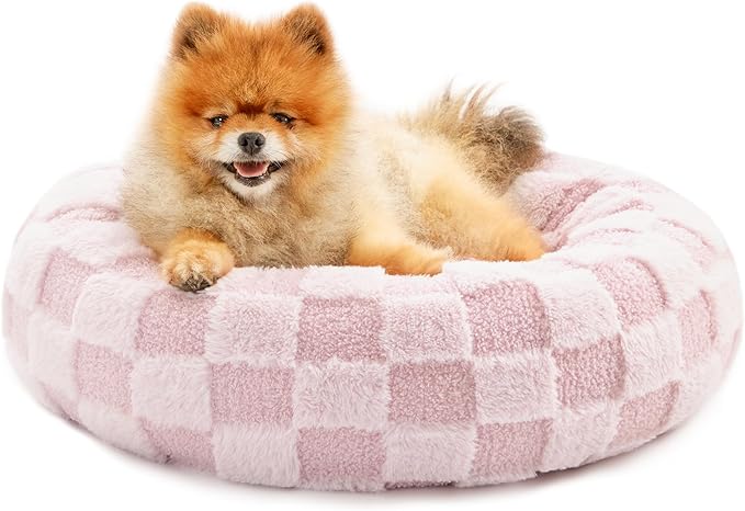 Love's cabin Round Donut Cat and Dog Cushion Bed, 20in Pet Bed for Cats or Small Dogs, Anti-Slip & Water-Resistant Bottom, Super Soft Durable Fabric Pet beds, Washable Luxury Cat & Dog Bed Pink Plaid