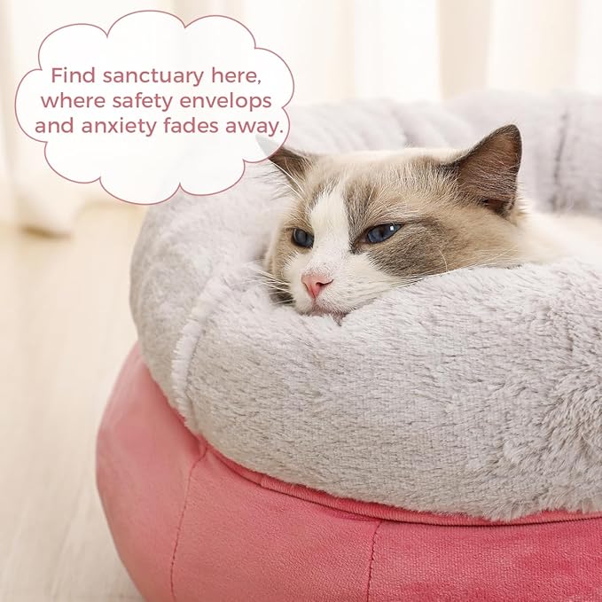 Cat Bed for Indoor Cats,Round Cat Bed for Small Pets,Washable Pet Bed with Non-Skid Bottom,Pet Bed for Puppy and Kitty,19 Inches,Pink
