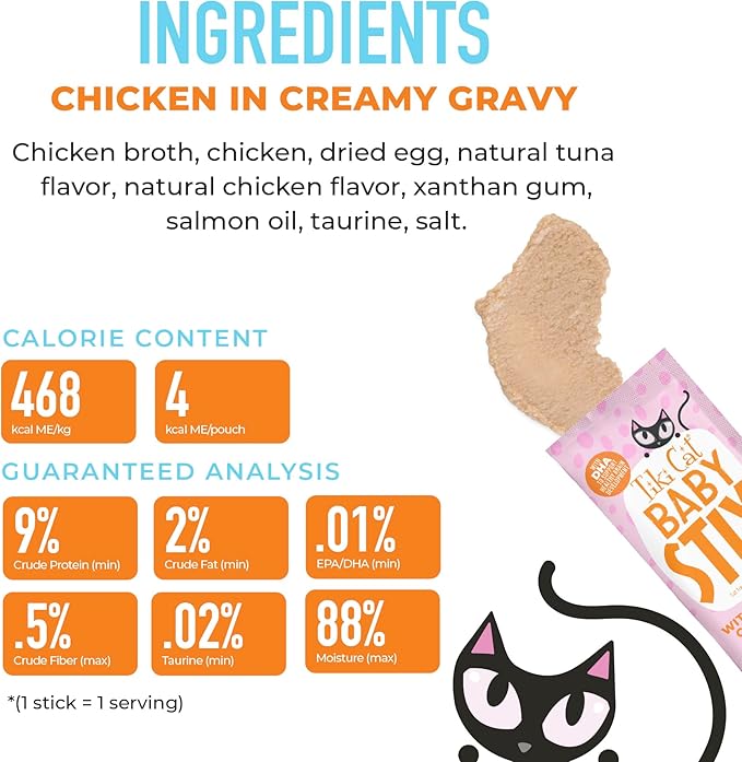 Tiki Cat Baby Stix Wet Cat Treats, Chicken in Creamy Gravy, 0.28 oz. Sachets (42 Count Jar)
