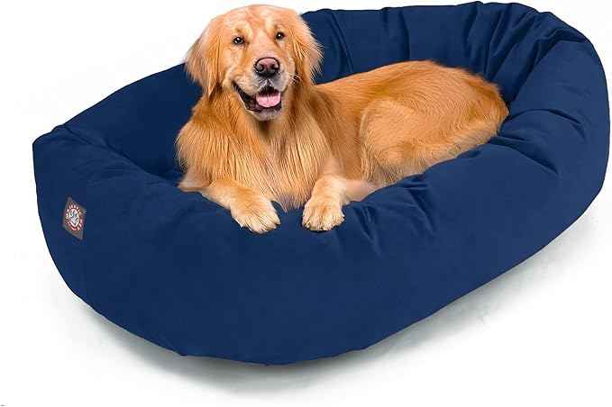 Majestic Pet 40 Inch Suede Shredded Memory Foam Mix Calming Large Dog Bed Washable 40 x 29 x 9 (Inch) - Cozy Soft Round Donut Dog Bed with Spine for Head Support - Pet Bed Navy