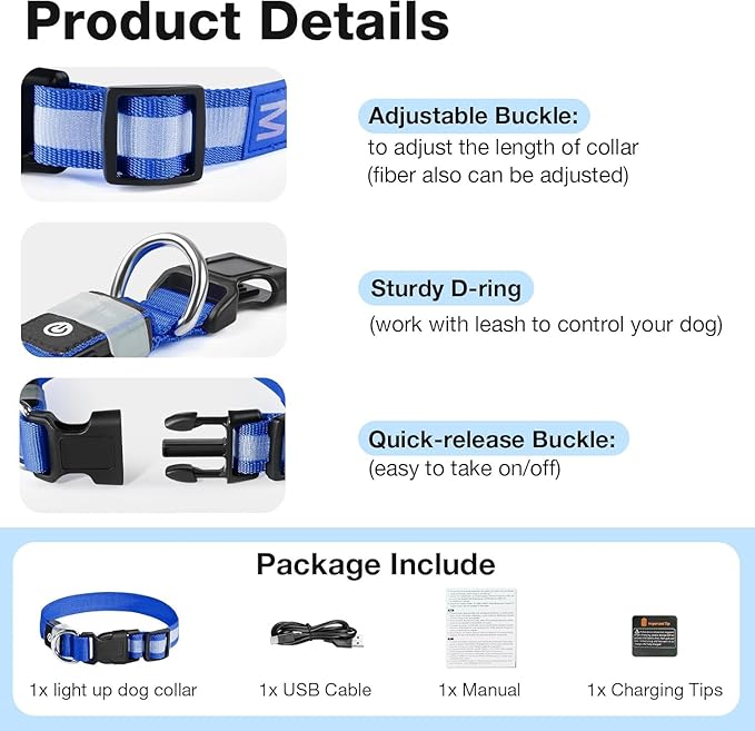 Pceotllar Light Up Dog Collar, Rechargeable Led with Automatic 7-Color Changes, Water Resistant for Night Walking, Bright Glow Collar (Blue, S)