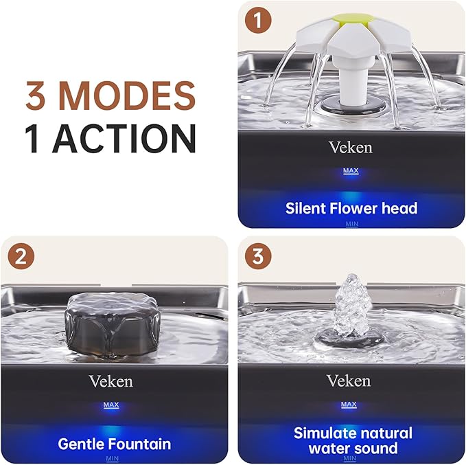 Veken Small Pet-Friendly Cat Water Fountain with Stainless Steel Lid & Quiet Pump, Easy to Clean & Assemble, 50oz Mini Pet Water Dispenser with 4 Replacement Filters & 4 Pre-Filter Sponges, Silver