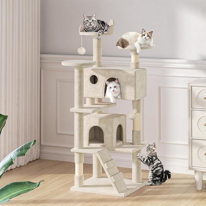 MoNiBloom 54 Inch Cat Tree Tower for Indoor Cats Large Adults, Cat Tower with Scratching Post, Multi-Level Furniture Activity Center with Cat Condo Pet Play House, Beige