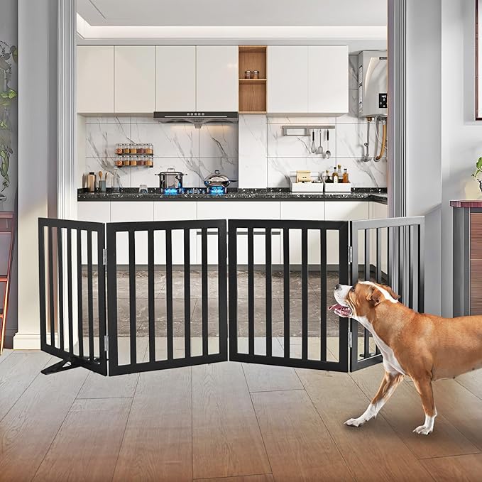 ZJSF Freestanding Indoor Dog Gate for House Foldable Wood Puppy Gate for Doorways Pet Gate for Stairs Extra Wide Pet Fence, Black, 24" Height 4 Panels