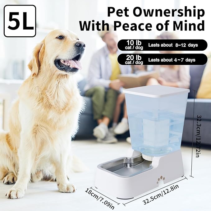 Meikuler Pets Auto Feeder 5.2L,Food Feeder and Water Dispenser Set for Medium & Large Dogs Cats and Pets Animals (White)