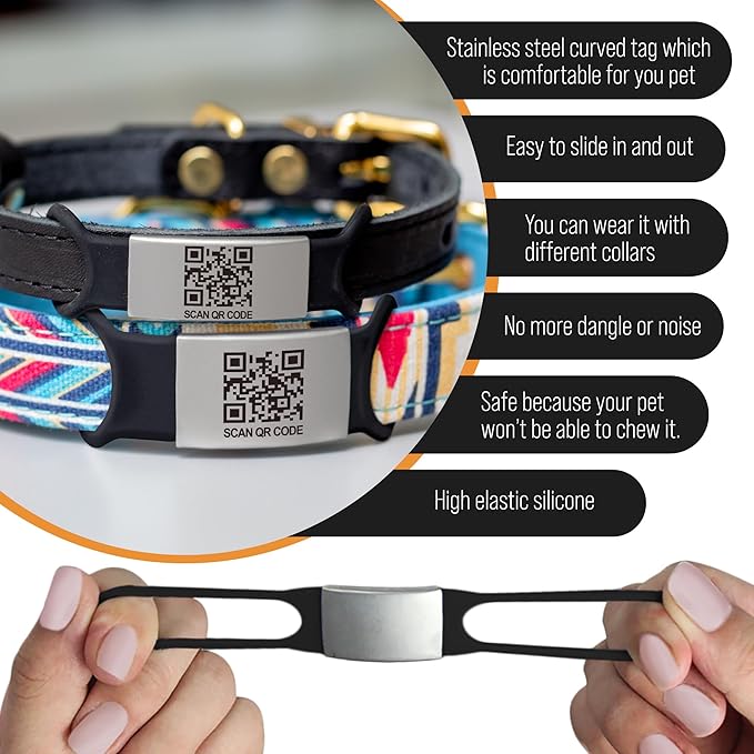 Smart Slide-On QR Code Pet Tag – Silent Dog & Cat ID Tag with Laser Engraving – Stainless Steel & Silicone – No App Needed – Custom Pet Profile – Fits Most Collars (Black, Large)