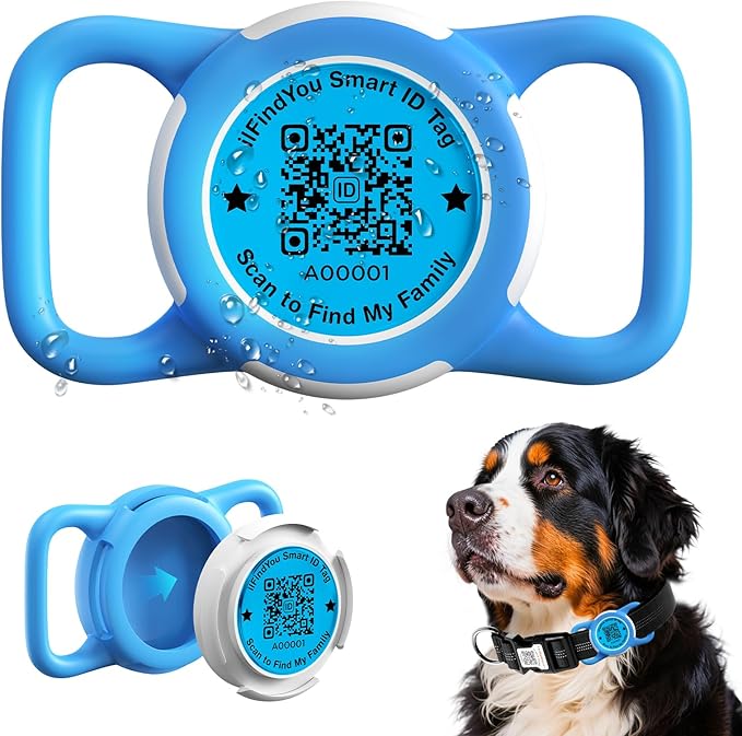 Waterproof AirTag Dog Collar Holder for Apple Tracker QR Code Case Blue