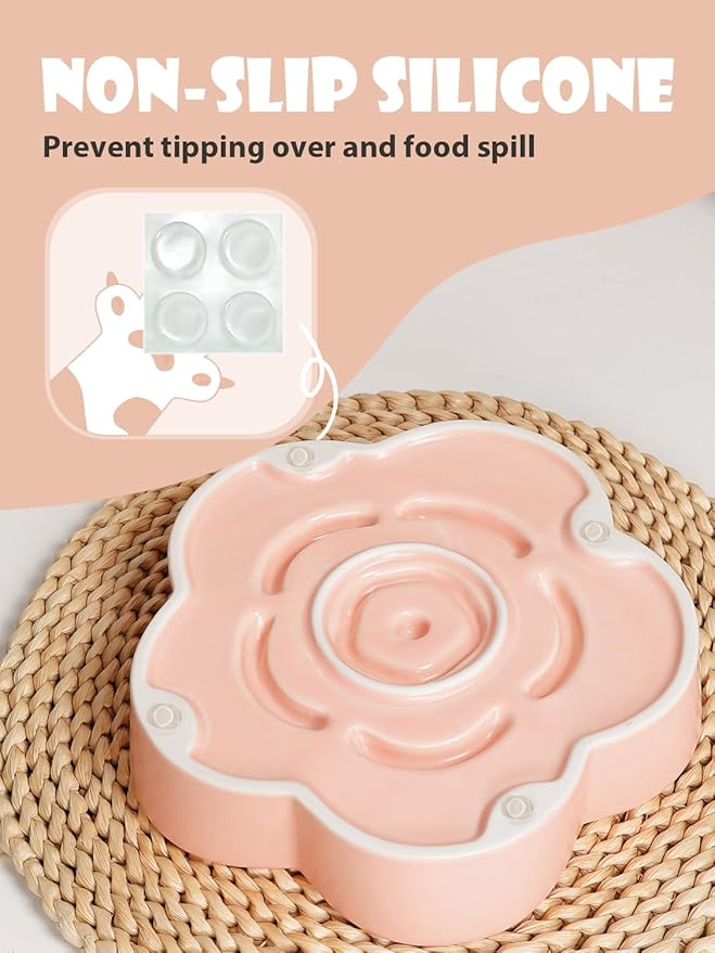 Ceramic Slow Feeder Dog Bowl, Anti-Choking Slow Food Bowls, 8" 11.3oz Slow Feeder for Medium, Large Breeds, Plum Puzzle Design, Non-Slip Silicone, Dishwasher and Microwave Safe, Pink