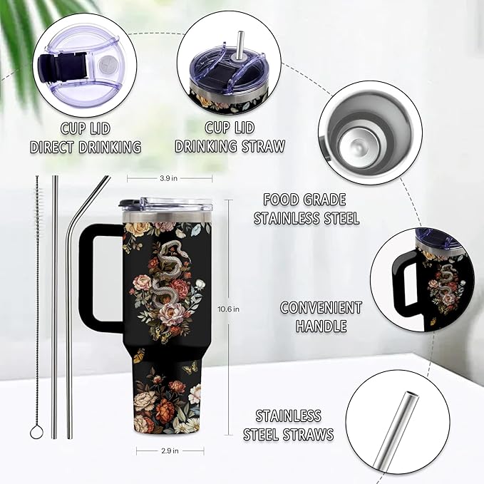 Goth Gifts for Women, 40 Oz Flower of Darkness Tumbler with Handle & Straw, Goth Water Bottle, Birthday Gift for Goths Lover Snake Lovers, Stainless Steel Goths Tumbler, Gifts for Fathers Day