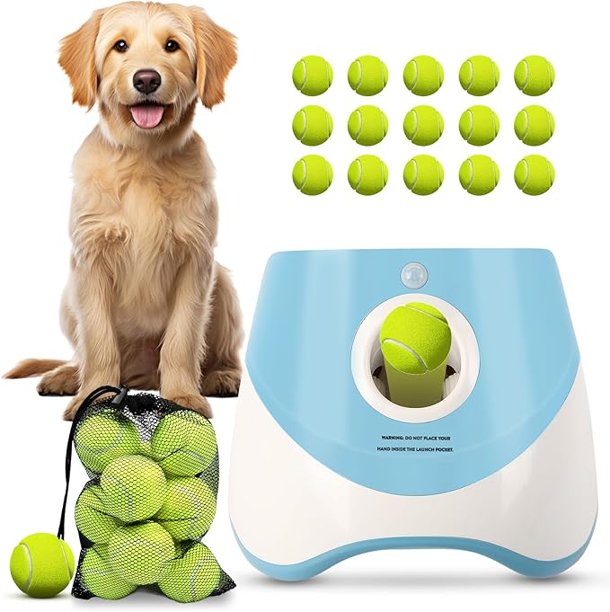 FAHKNS Automatic Dog Ball Launcher for Small Dogs, Indoor/Outdoor Interactive Dog Toy,USB Rechargeable Ball Thrower,10-30 Ft,Includes 15 Mini Tennis Balls,Blue