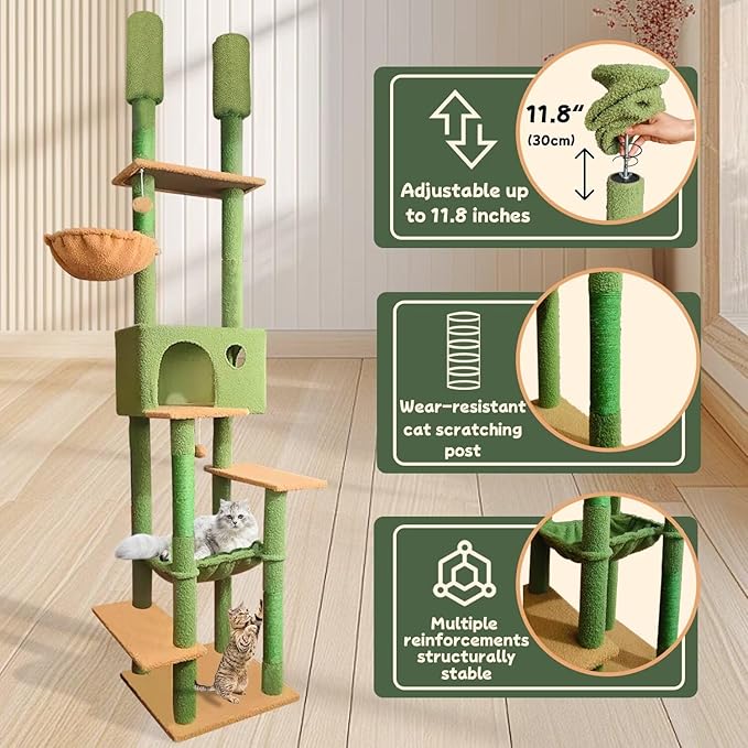 96.5"-108" Cat Tree Floor to Ceiling 7-Tier Cat Tower Adjustable Height with Scratching Posts, Cozy Hammock, Cat Condo for Indoor Cats(Green)