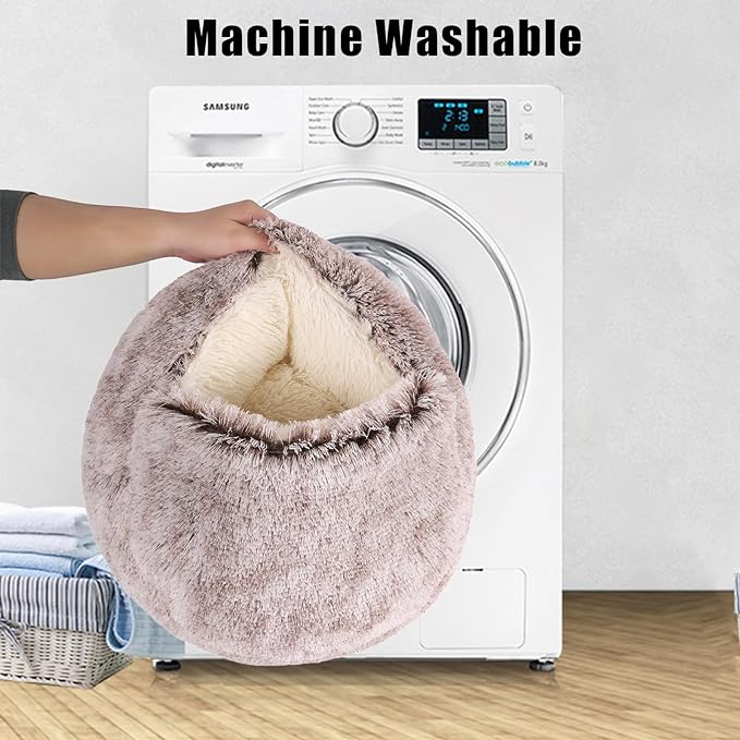 Round Hooded Cat Bed & Dog Bed with Cover Cave, Dog Bed for Small Dogs, Faux Fur Cuddler Round Coved Cat Bed Self Warming Donut Dog Bed Fits up to 5 lbs Pets(Coffee, 16inch x 16inch)