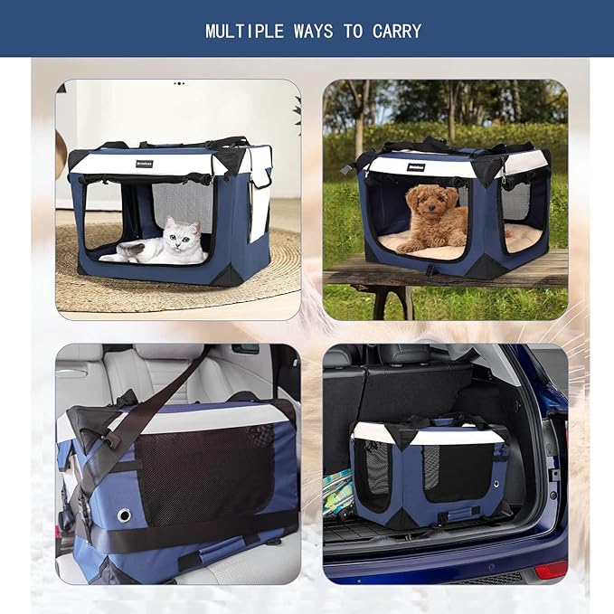 Large Cat Carrier, Collapsible Dog Travel Crate Portable Soft-Sided Pet Carrier with Super Soft Warm Plush Mat for Indoor and Outdoor 20x14x14in,Navy Blue