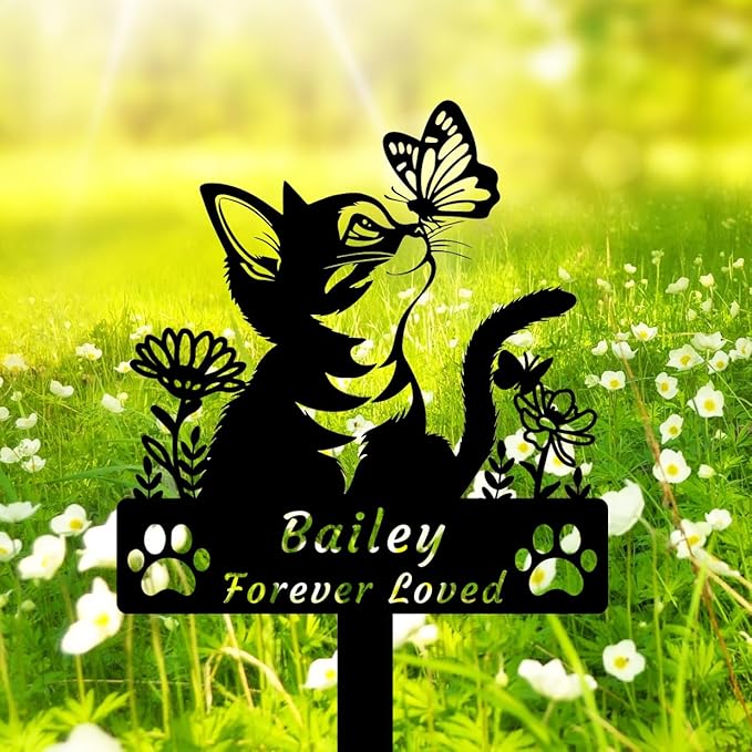 Custom Flower Cat Memorial Grave Marker Stake, Personalized Pet Grave Marker Metal Engraved Sign Butterfly Cat Memorial Garden Stake, Customized Name Cat Remembrance Stake Cat Memorial Gift