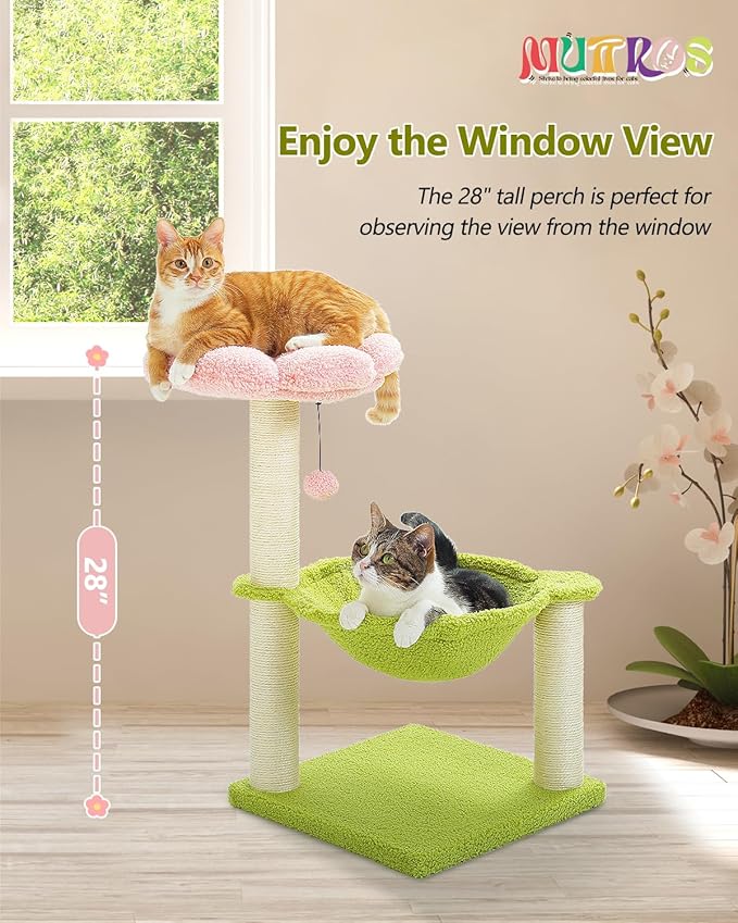 Flower Cat Tree, 28" Cat Tower with Cozy Flower Perch, Large Hammock for Indoor Small Cats, Cute Cat Tree with Sisal Scratching Post and Fur Toy Ball for Kittens, Pink