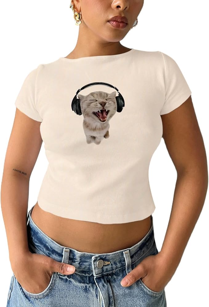 Cat Graphic Baby Tee for Women Grunge Y2k Shirt Funny Crop Tops Teens Cute Cropped Tees Aesthetic Printed Tshirts