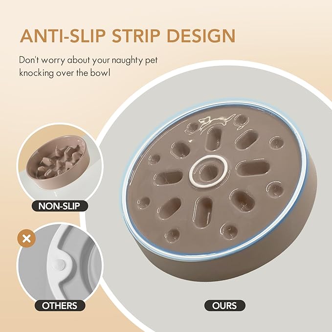 Ceramic 7.3 inch Dog Bowl Slow Feeder, Slow Pet Food Dish for Medium and Small Dog, Stop Bloat, Preventing Choking(Single Bowl, Brown Coffee)